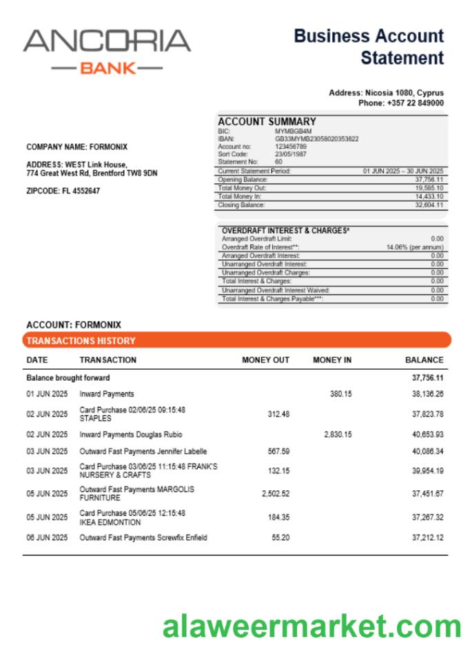Ancoria bank business account statement Word and PDF template